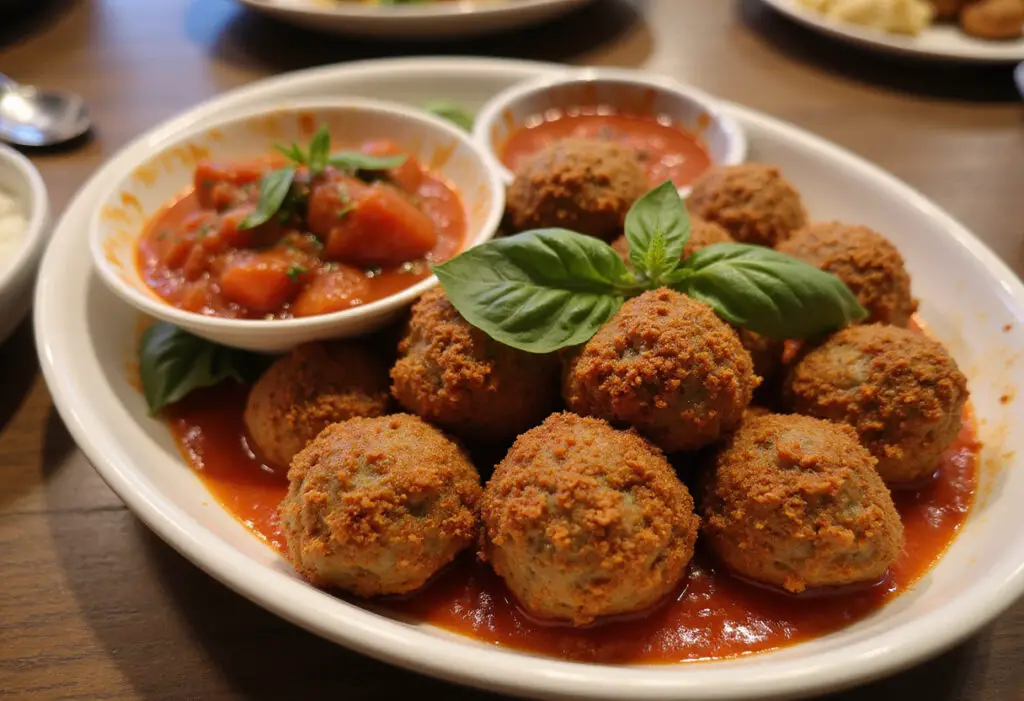Finished 4C breadcrumbs meatballs with marinara sauce and basil, ready to eat.