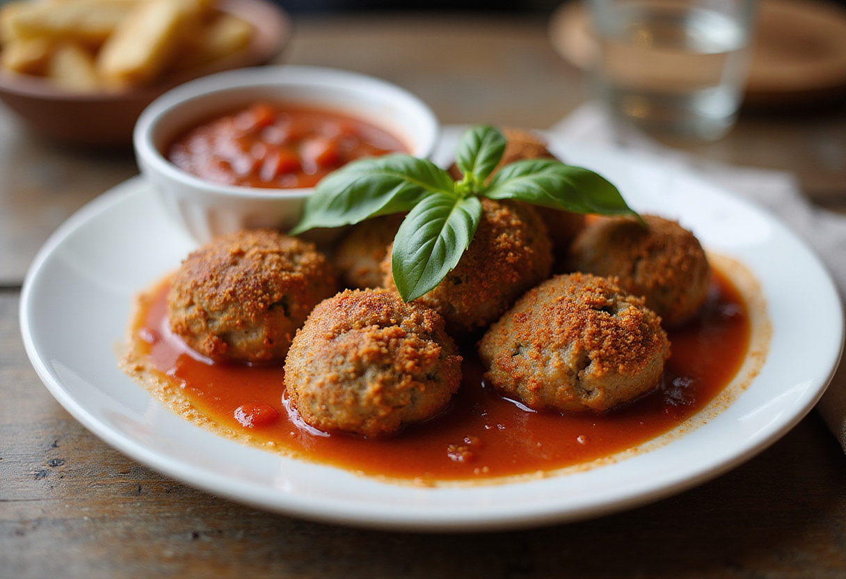 Finished 4C breadcrumbs meatballs with marinara sauce and basil, ready to eat.
