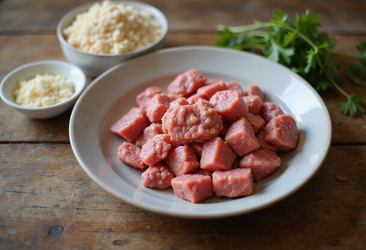 Ingredients prepped on a table for making 4C breadcrumbs meatballs.