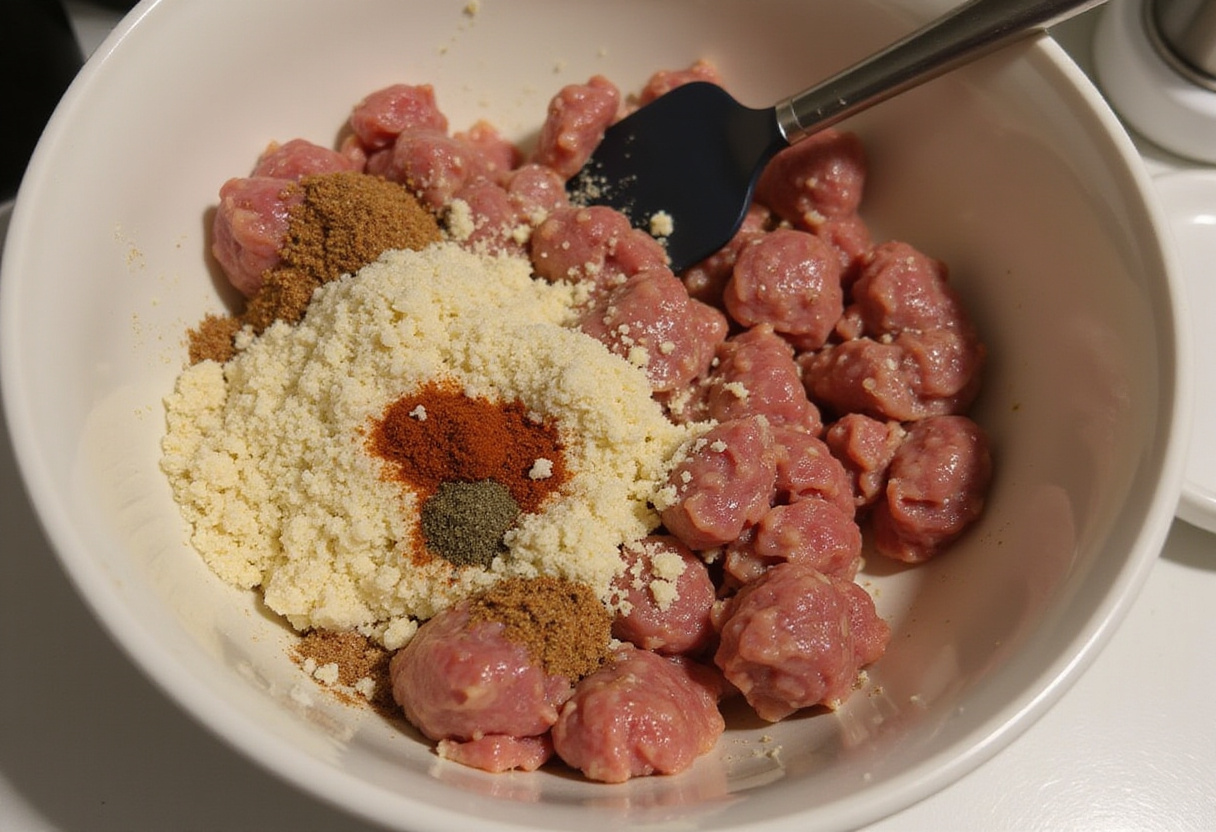 Mixing ground meat, 4C breadcrumbs, and seasonings for meatballs.