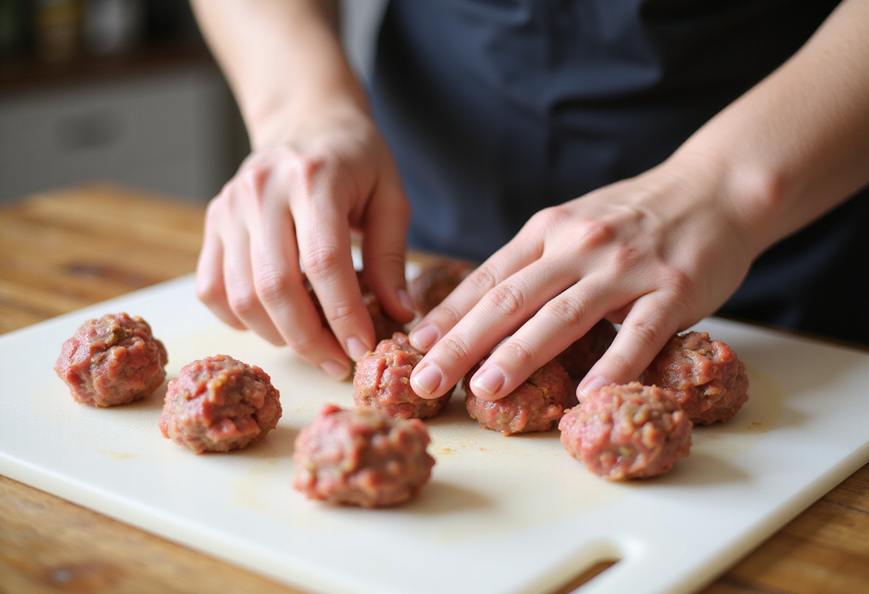 Rolling meatball mixture into small balls for 4C breadcrumbs meatball recipe.