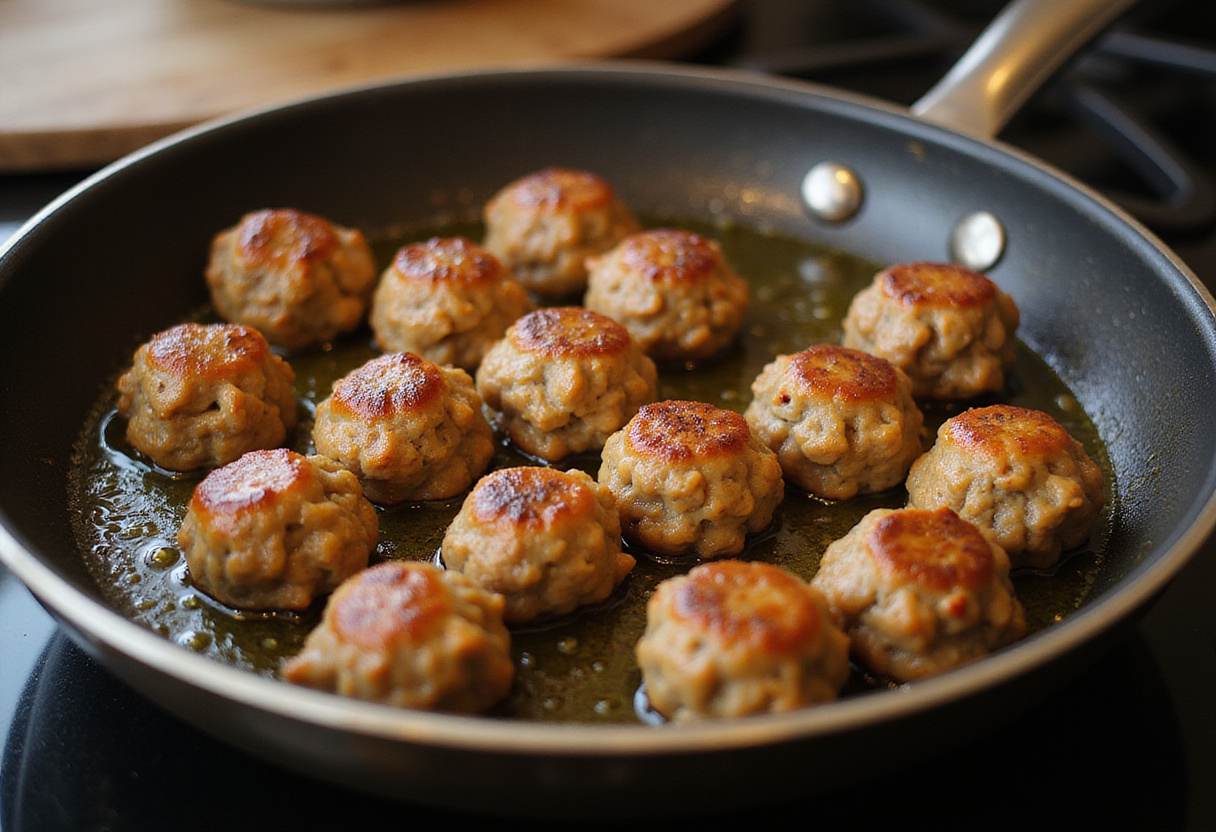 Meatballs browning in a skillet with olive oil for 4C breadcrumbs meatballs.
