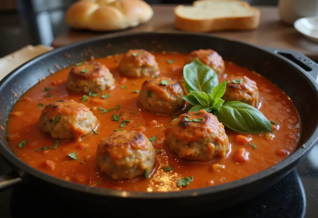 Finished 4C bread crumbs meatballs simmered in tomato sauce.
