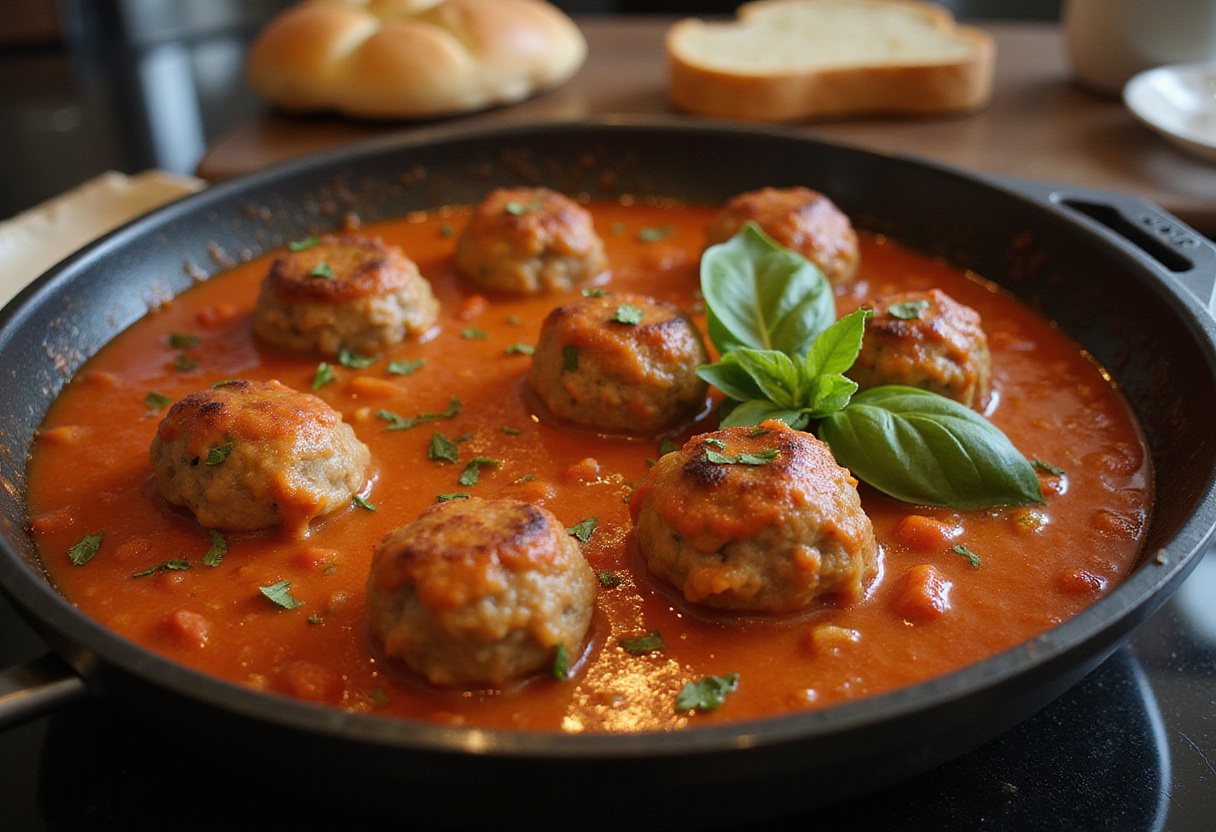 Finished 4C bread crumbs meatballs simmered in tomato sauce.