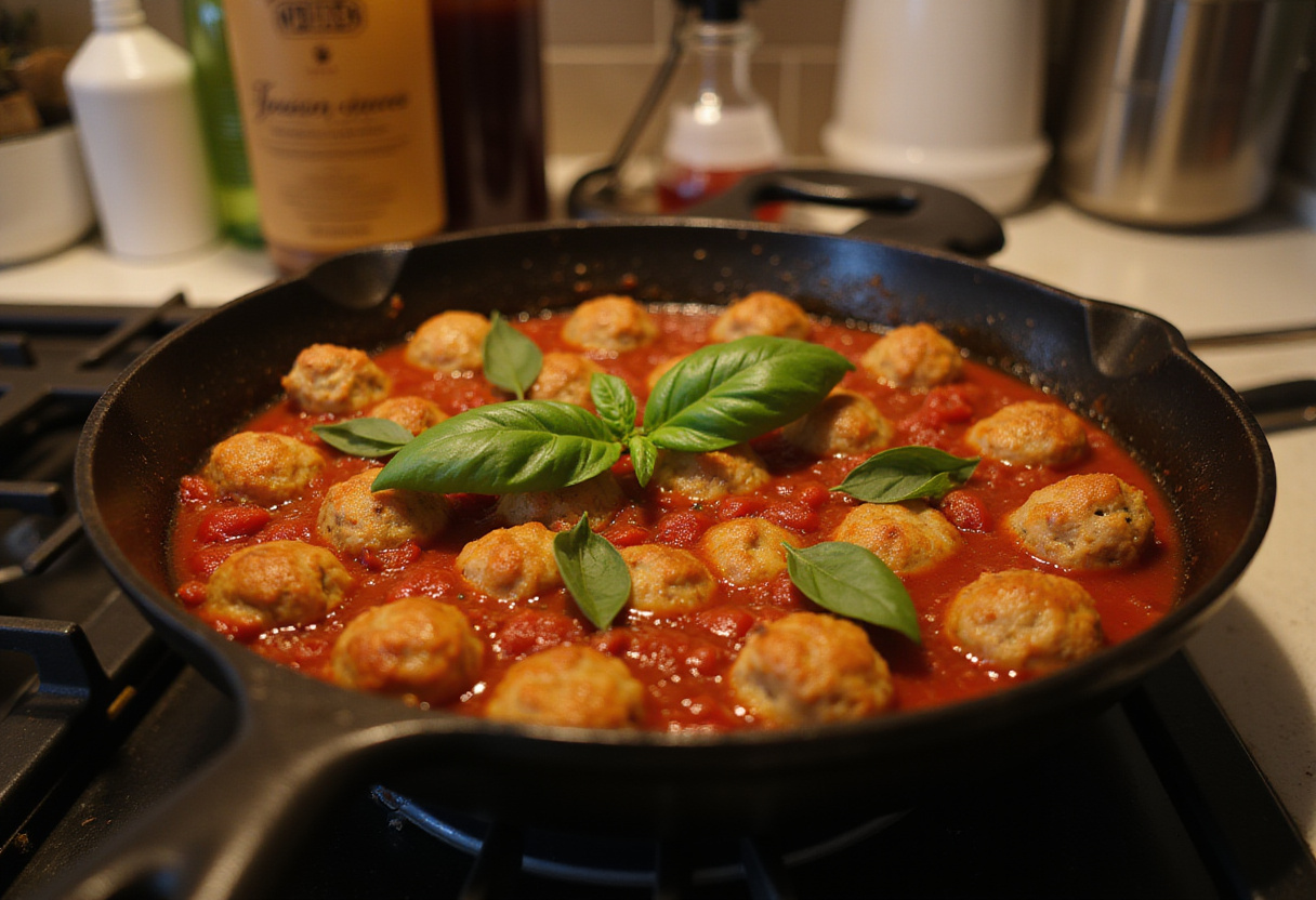 Finished 4C bread crumbs meatballs simmered in tomato sauce.
