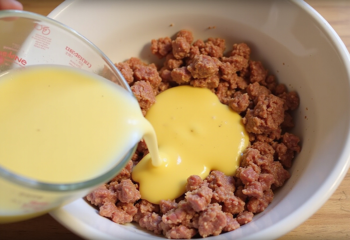 Pouring wet ingredients into meatball mixture.