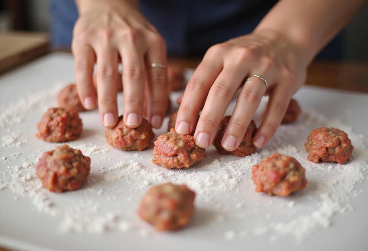 Rolling homemade meatballs from 4C bread crumbs meatball recipe.