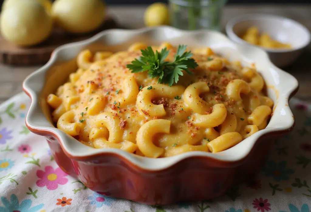 Delicious Baked Mac and Cheese garnished with parsley, a perfect side dish for Easter.