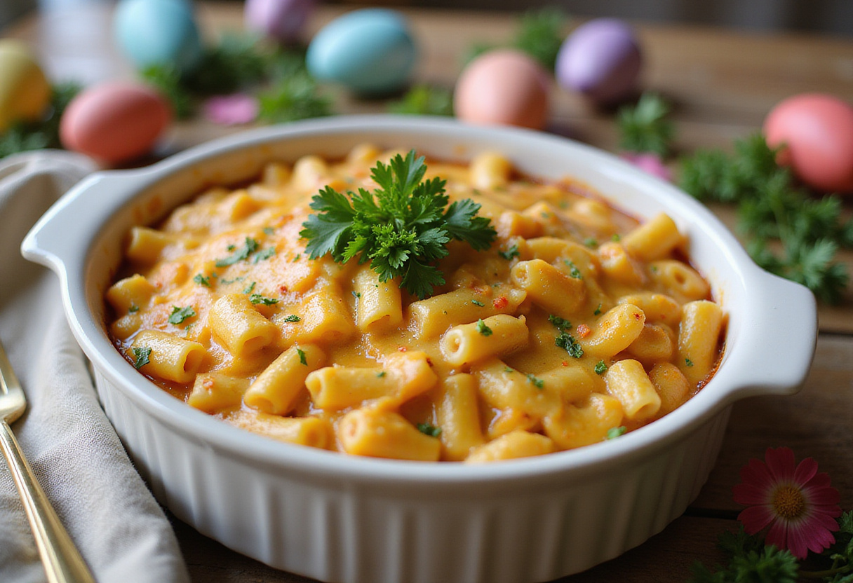 Delicious Baked Mac and Cheese garnished with parsley, a perfect side dish for Easter.