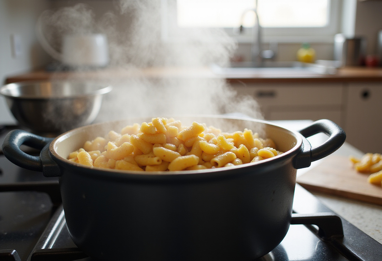 Elbow macaroni boiling for a delicious Baked Mac and Cheese, perfect for Easter Dinner.