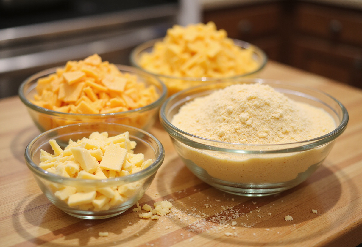 Cheddar, parmesan, and gruyere cheeses prepared for cheesy Easter Baked Mac and Cheese.
