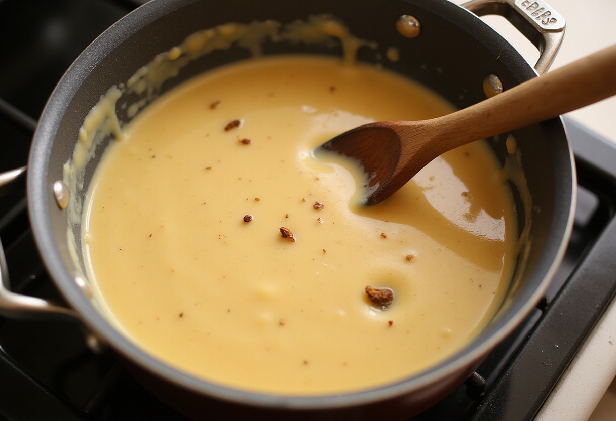Simmering cheese sauce for a rich and creamy Baked Mac and Cheese.