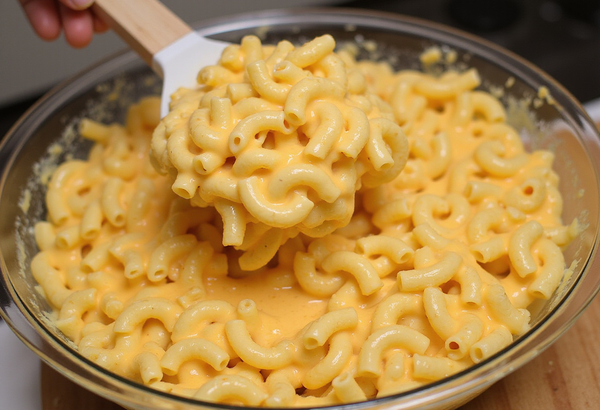 Cooked macaroni being mixed with cheese sauce for an Easter Baked Mac and Cheese recipe.
