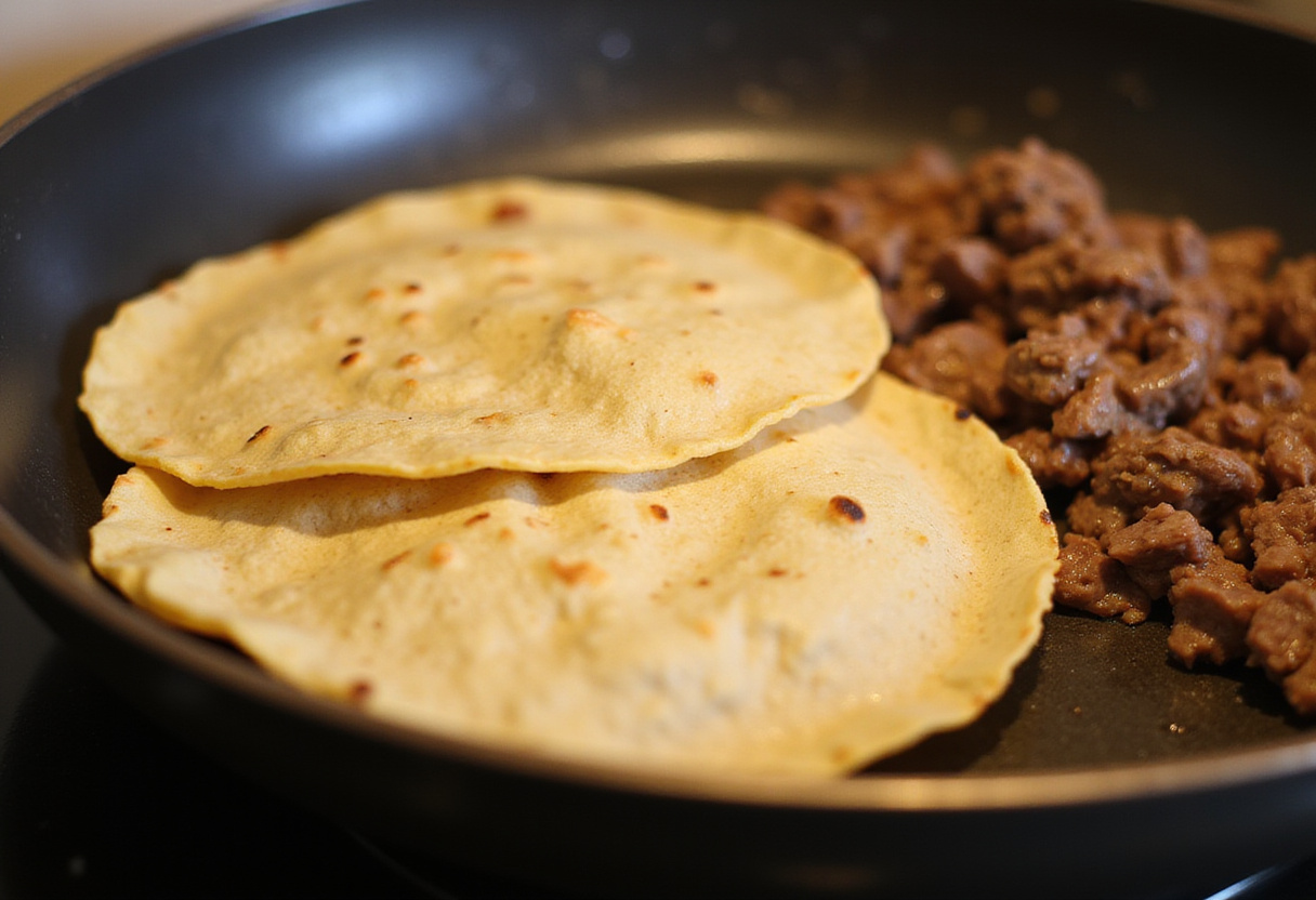 Corn tortillas warming up for serving with beef tacos.