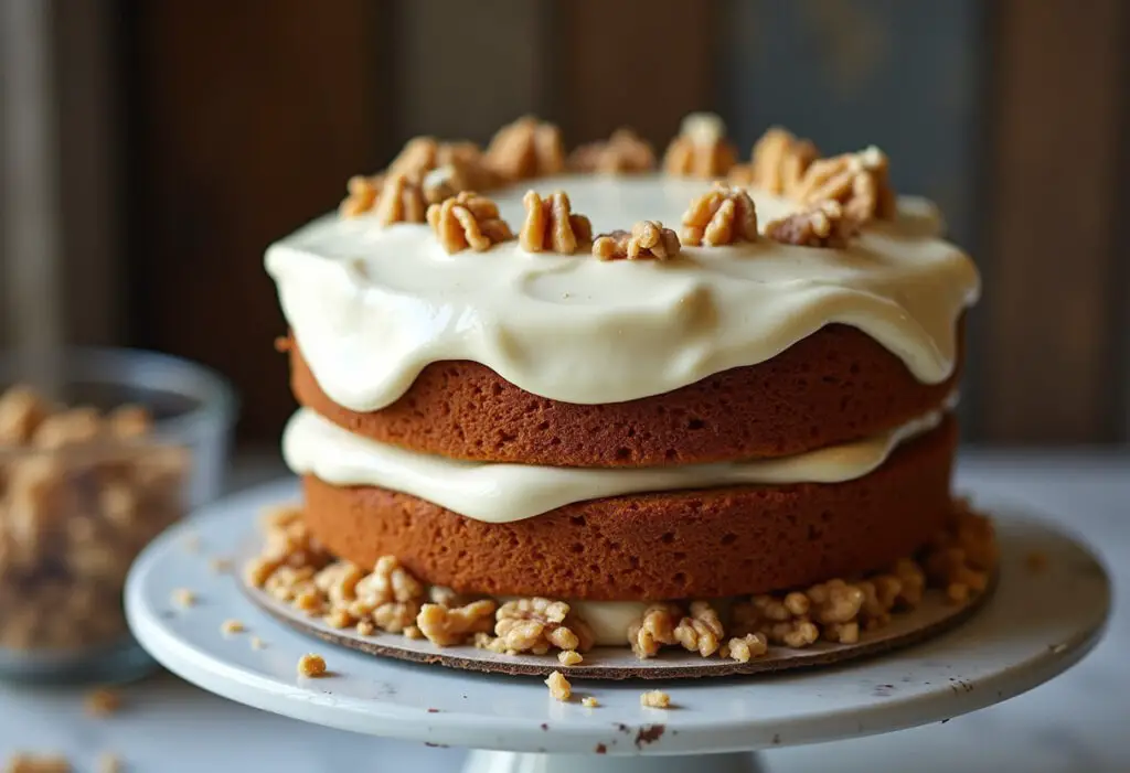 Finished Carrot Cake with a Twist topped with cream cheese frosting and walnuts.