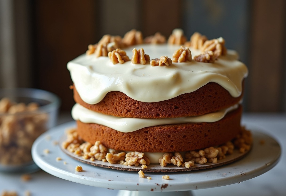Finished Carrot Cake with a Twist topped with cream cheese frosting and walnuts.