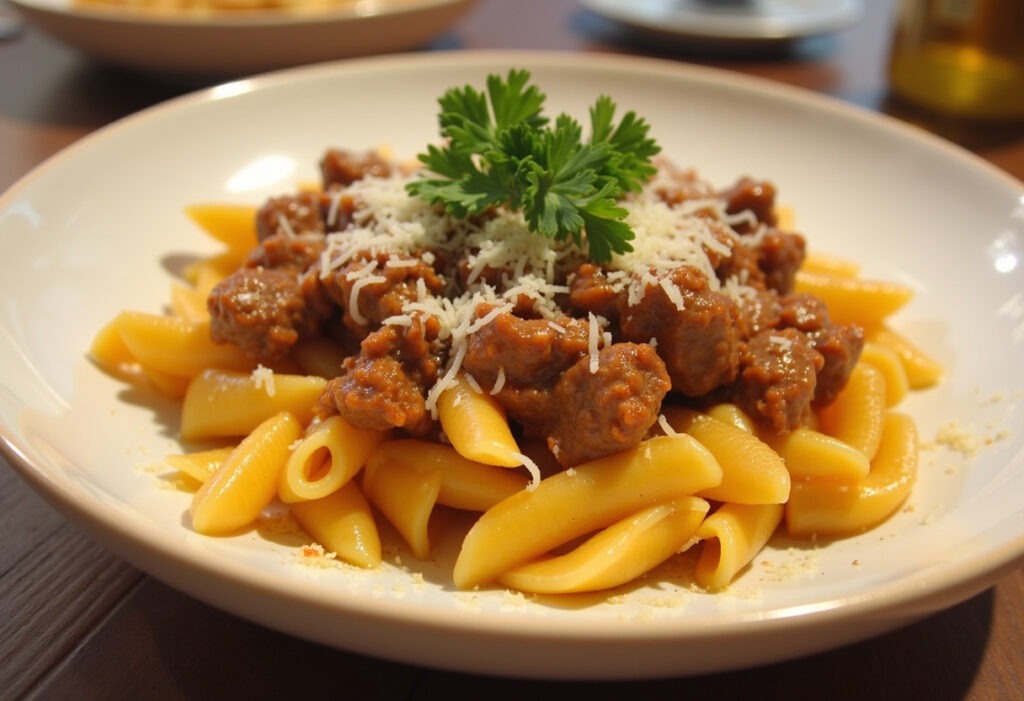 Finished Cheesy Beef and Bowtie Pasta in Garlic Butter, garnished with parsley and Parmesan.