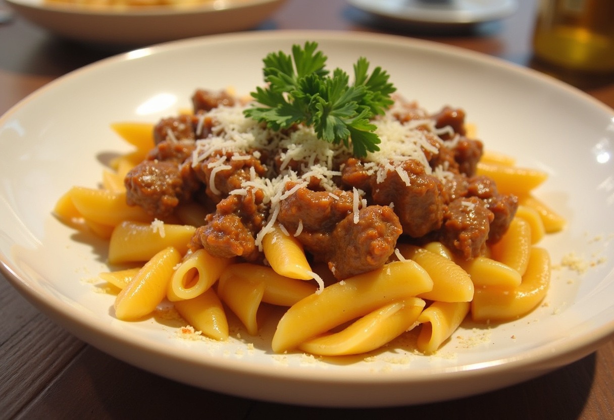 Finished Cheesy Beef and Bowtie Pasta in Garlic Butter, garnished with parsley and Parmesan.