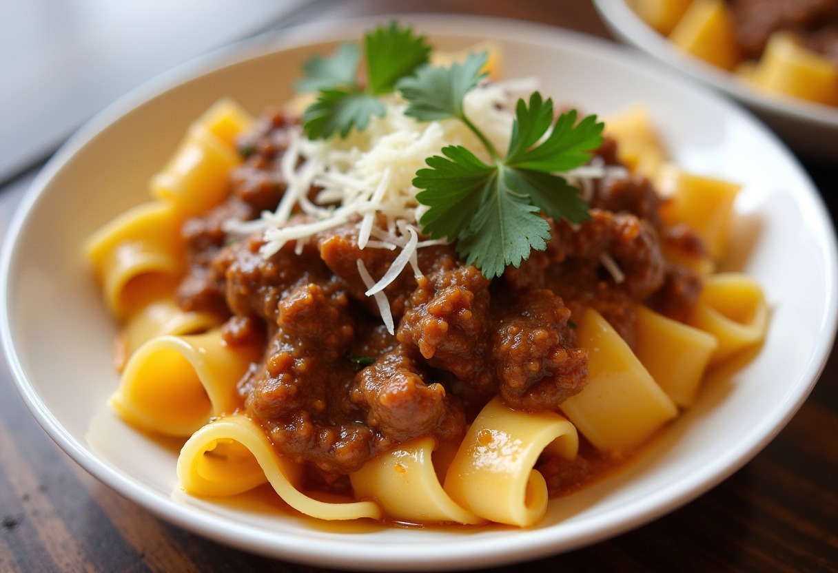 Finished Cheesy Beef and Bowtie Pasta in Garlic Butter, garnished with parsley and Parmesan.