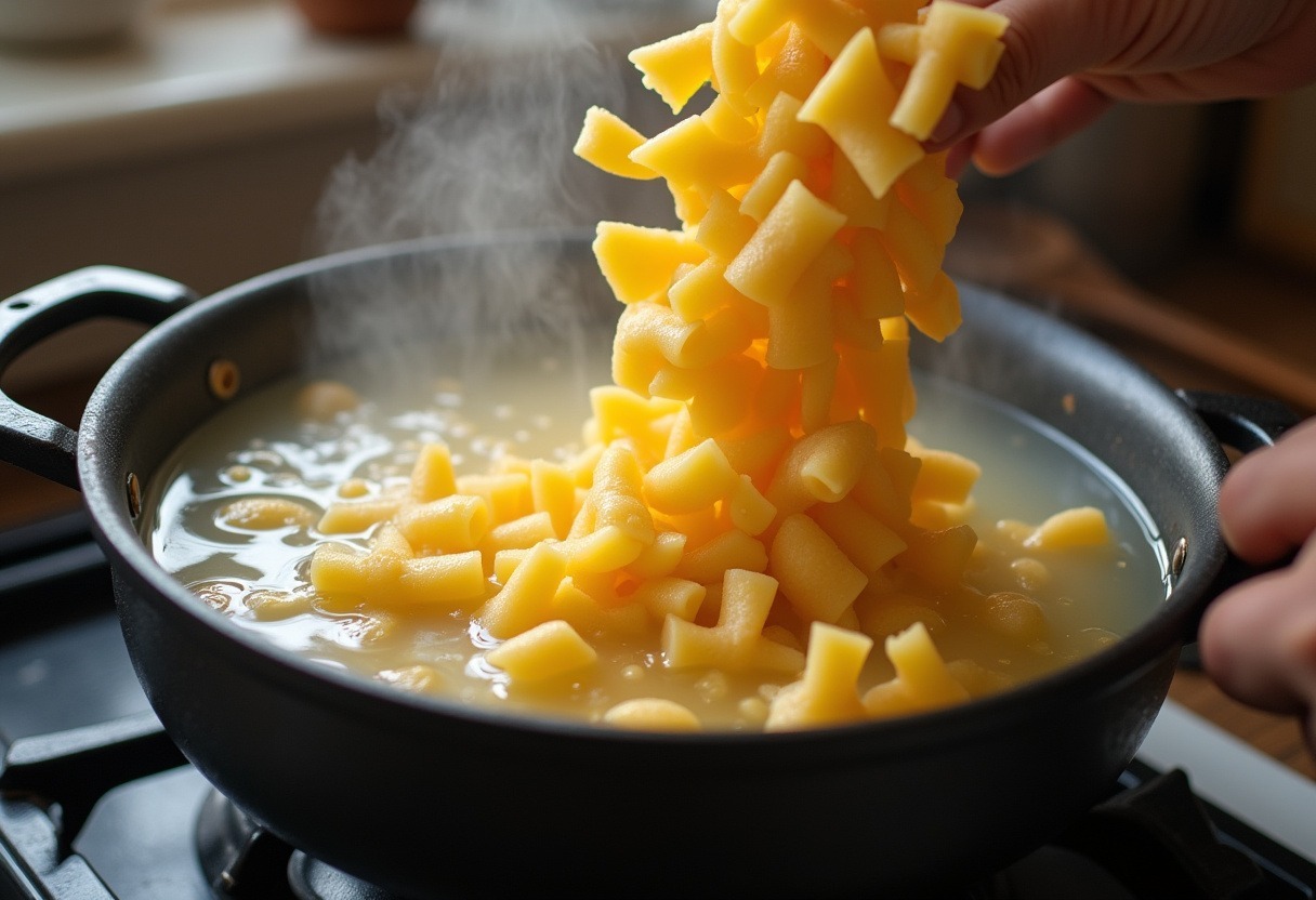 Bowtie pasta boiling in a pot for Cheesy Beef and Bowtie Pasta in Garlic Butter.