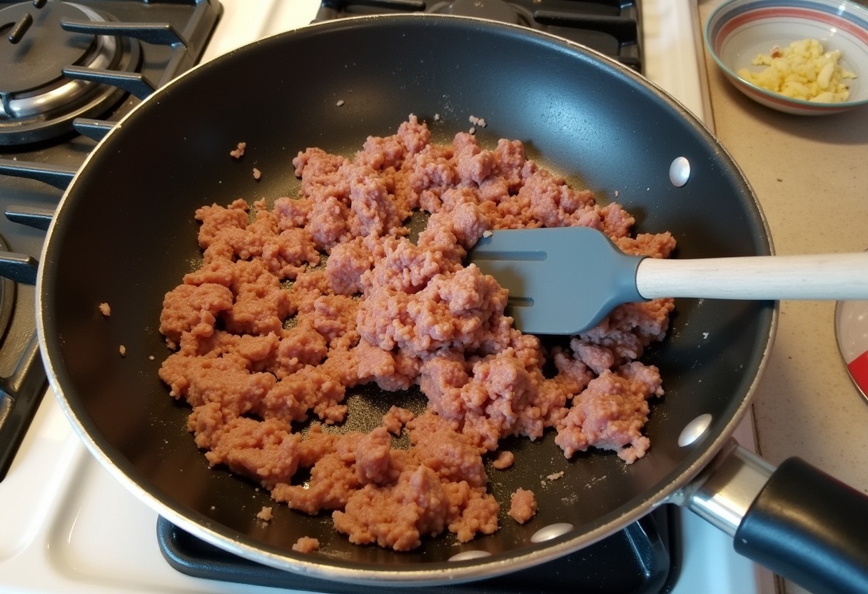 Ground beef browning in a skillet for Cheesy Beef and Bowtie Pasta in Garlic Butter.