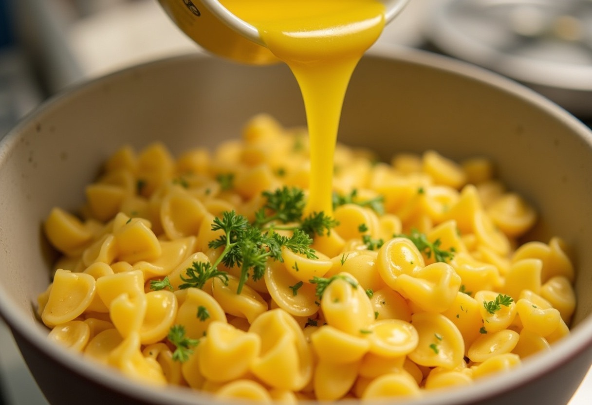Garlic butter sauce being poured over cooked bowtie pasta for Cheesy Beef and Bowtie Pasta.