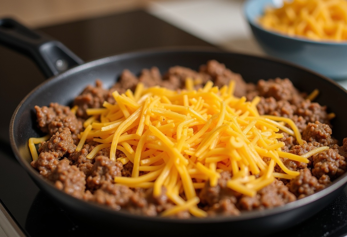 Cooked ground beef mixed with shredded cheese for Cheesy Beef and Bowtie Pasta.