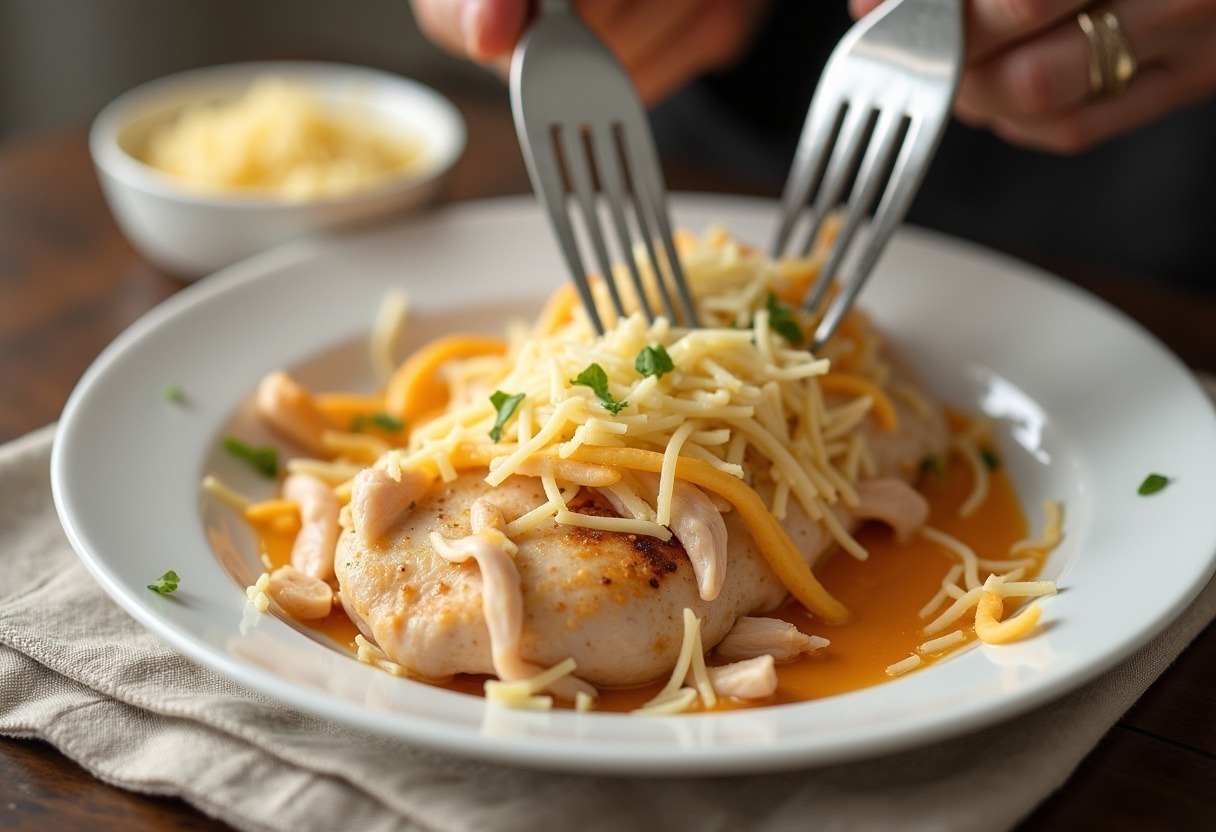 Cooked chicken breast sliced and topped with melted cheese for Cheesy Garlic Chicken Wraps.