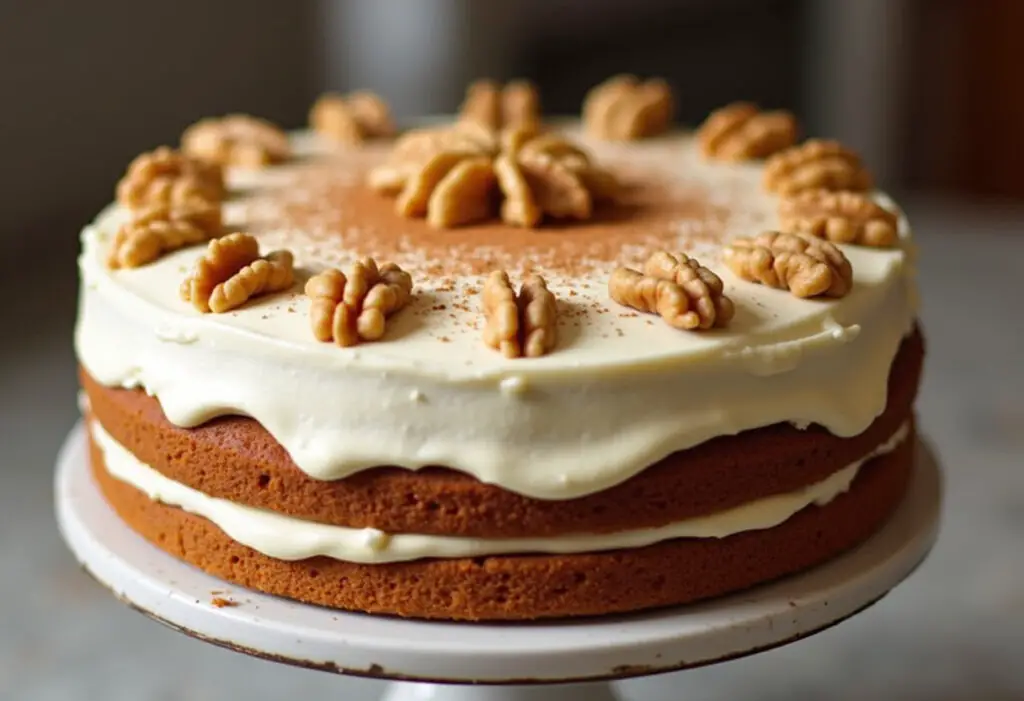 Finished Creamy Carrot Cake with cream cheese frosting and walnut topping.