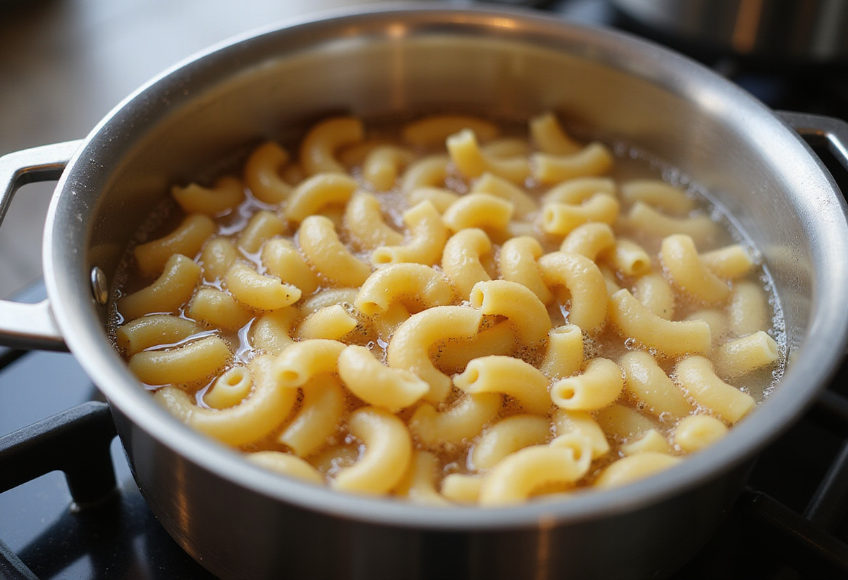 Macaroni boiling in a pot for Cracker Barrel Macaroni and Cheese recipe.