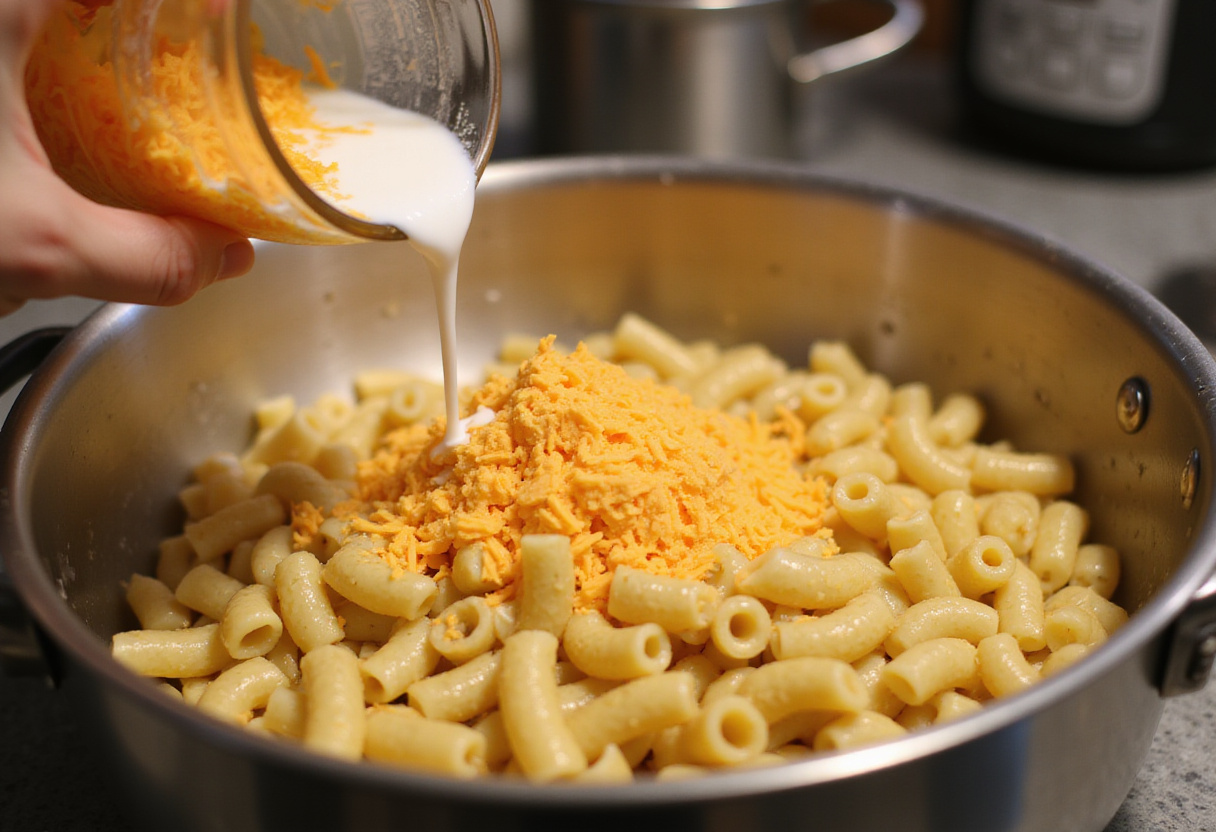 Adding cheddar cheese to macaroni for beginner's Macaroni and Cheese recipe.