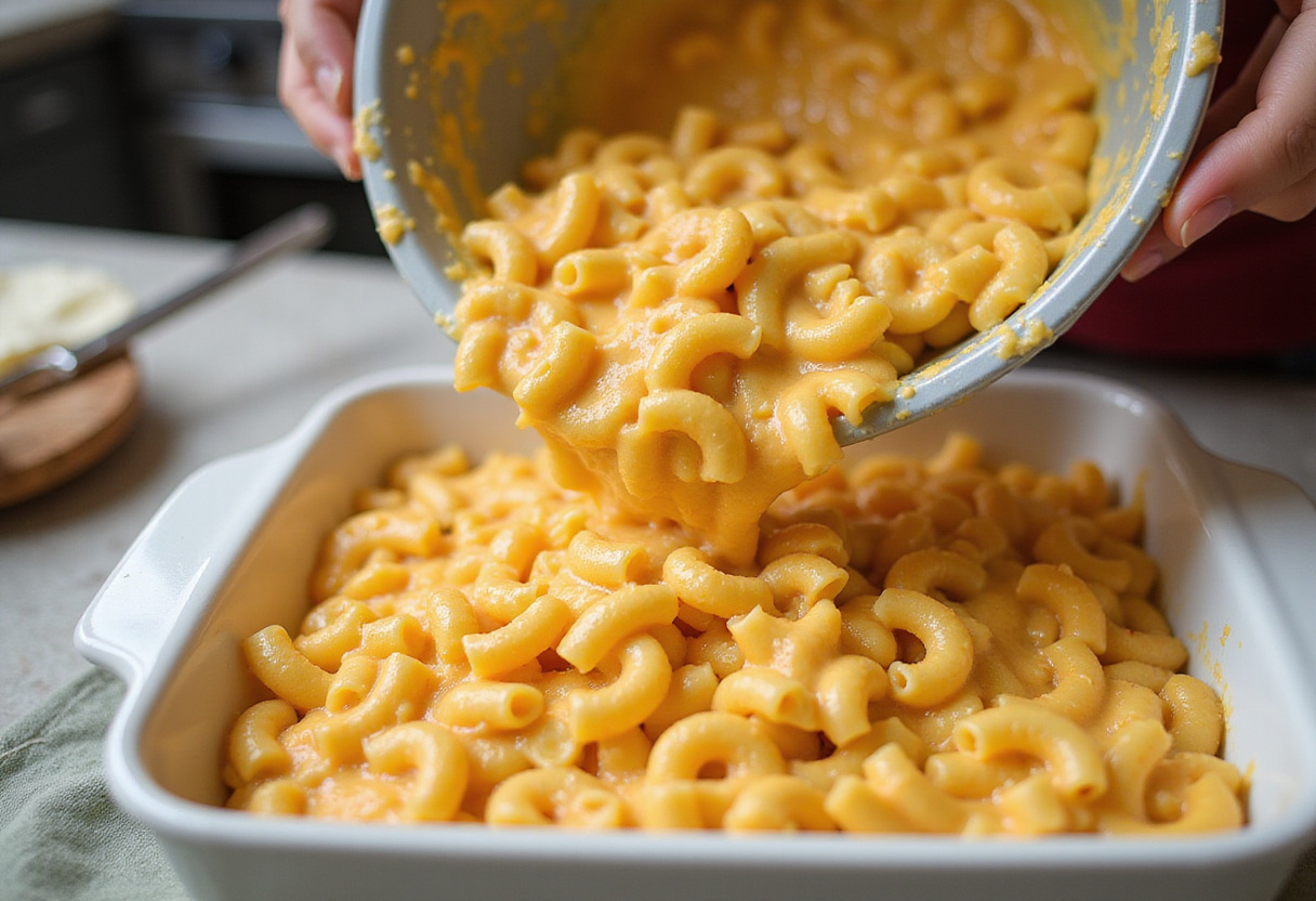 Macaroni and cheese being prepared for baking in a casserole dish.