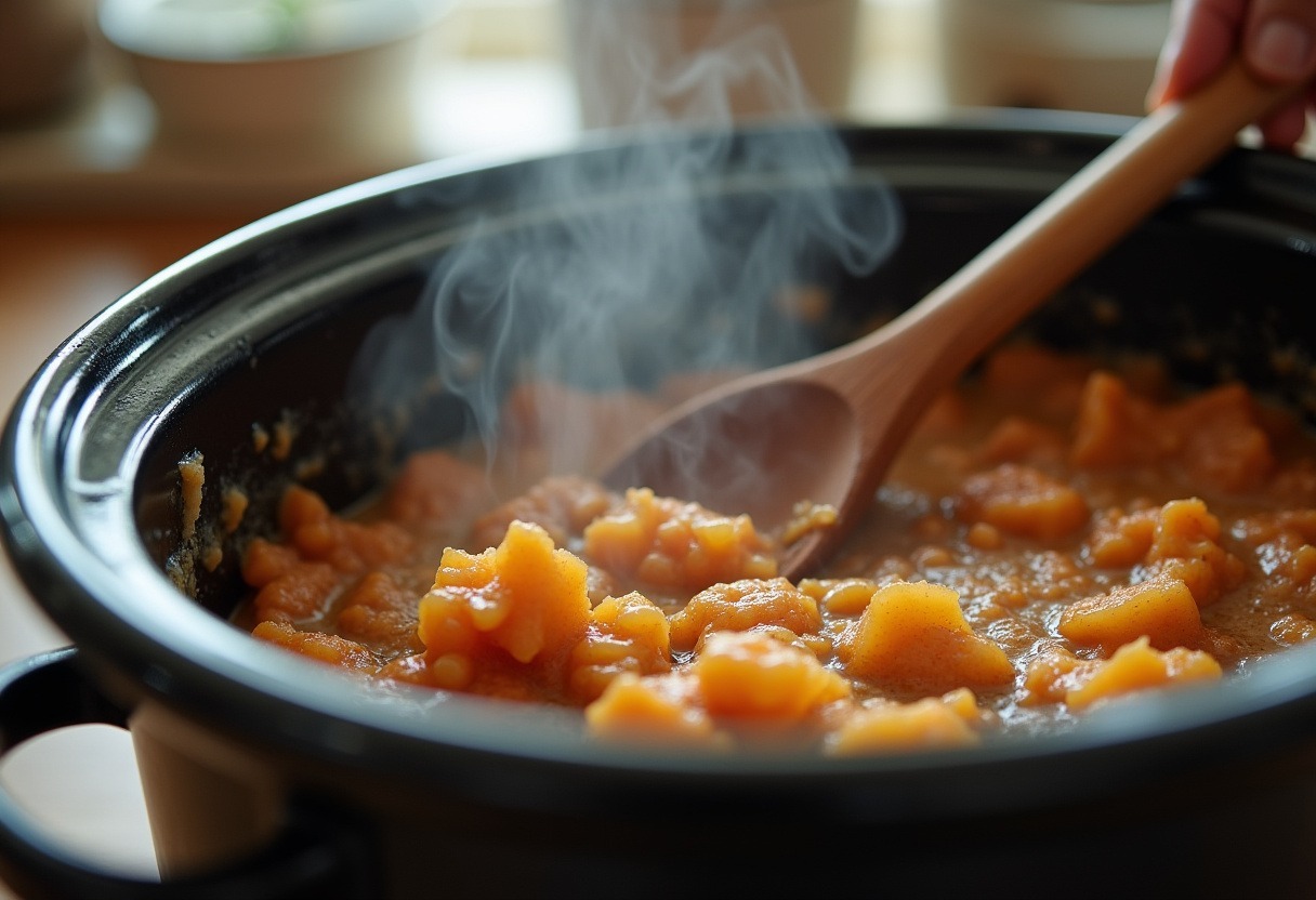 Stirring the Potato Broccoli Cheddar Soup mixture in the crock pot.