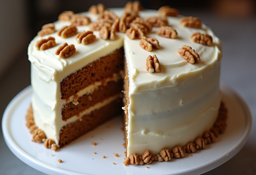 Finished Easy Carrot Cake with cream cheese frosting and walnut toppings.