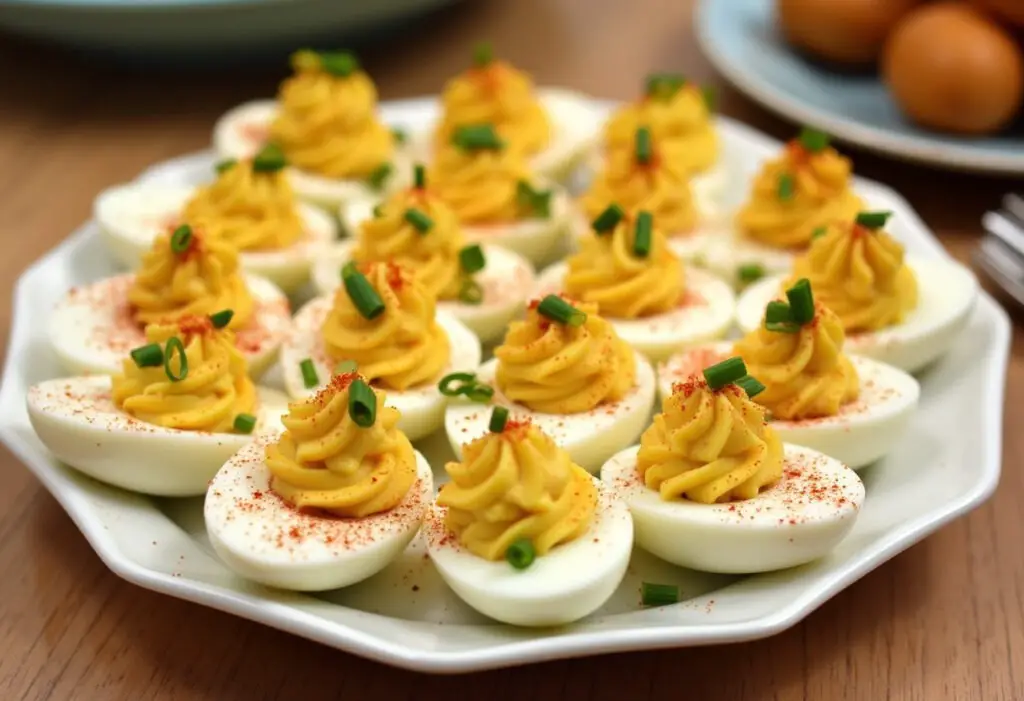 Finished Family Favorite Deviled Eggs garnished with paprika and chives, perfect for sharing.
