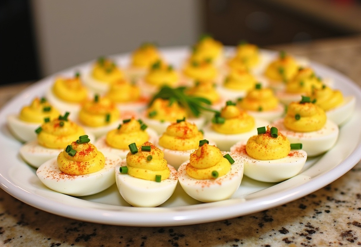 Finished Family Favorite Deviled Eggs garnished with paprika and chives, perfect for sharing.