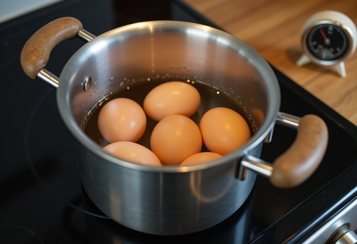 Eggs boiling in a pot for making Family Favorite Deviled Eggs.