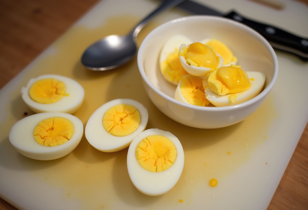 Hard-boiled eggs sliced and yolks removed for deviled eggs filling.