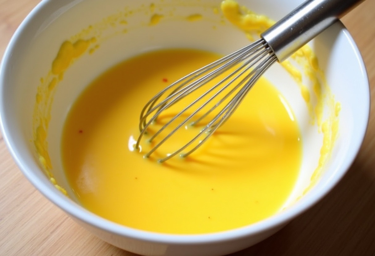 Deviled eggs filling mixture with mayonnaise, mustard, and paprika.