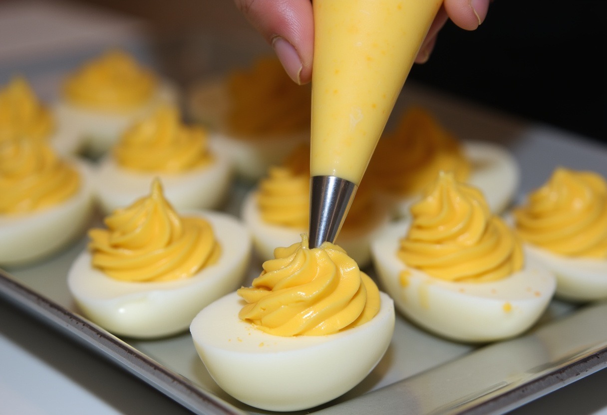 Piping deviled eggs filling into egg whites for a polished presentation.
