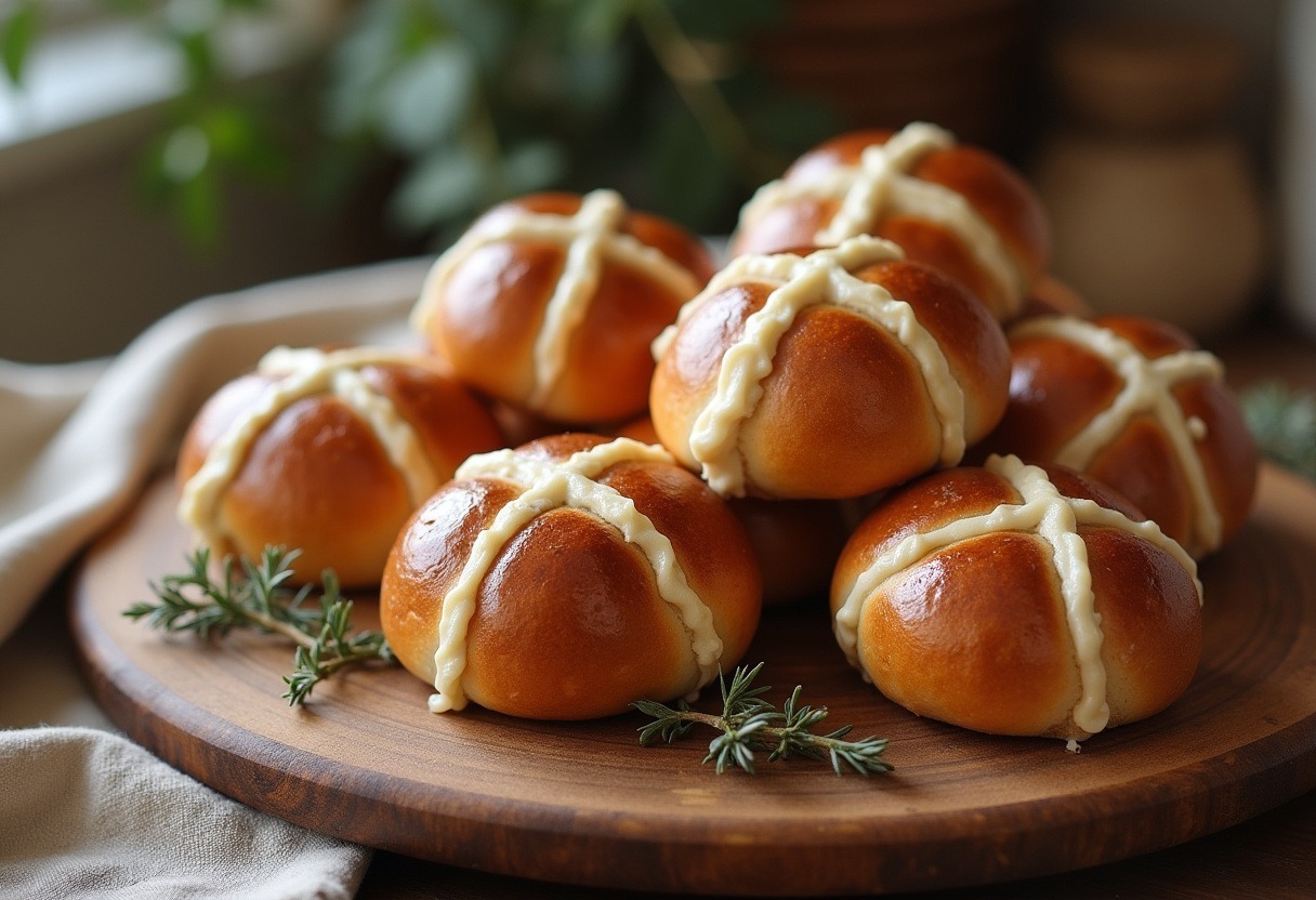 Freshly baked Family Favorite Hot Cross Buns with white icing crosses on a wooden board