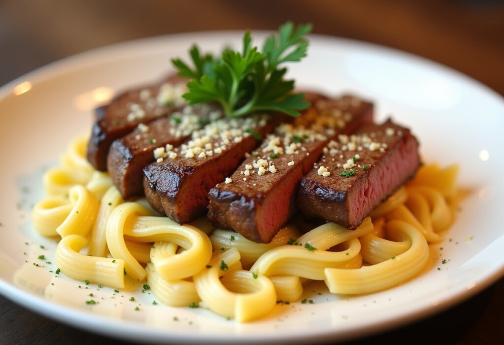 Garlic Butter Steak with Creamy Parmesan Rigatoni, a delicious and elegant dinner dish.