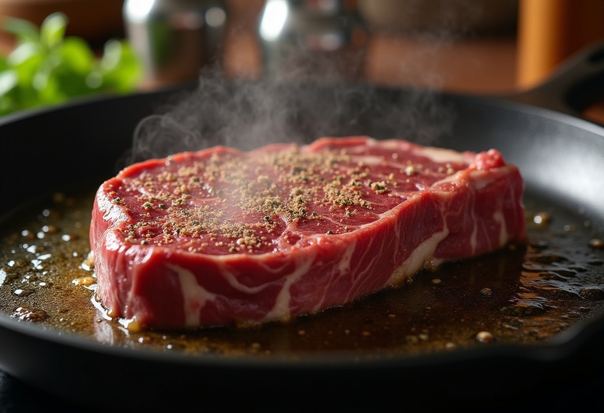 Seasoned ribeye steak cooking in a skillet with melted butter for Garlic Butter Steak.