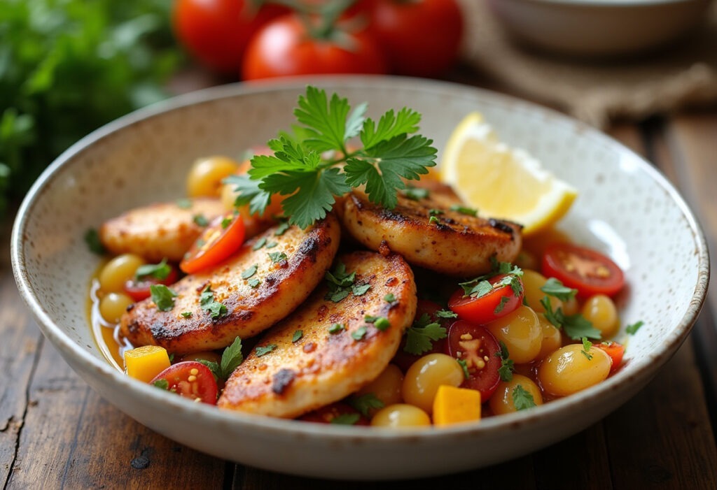 Finished Greek Chicken Bowl with fresh herbs and lemon, ready to serve.
