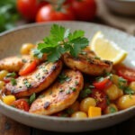 Finished Greek Chicken Bowl with fresh herbs and lemon, ready to serve.