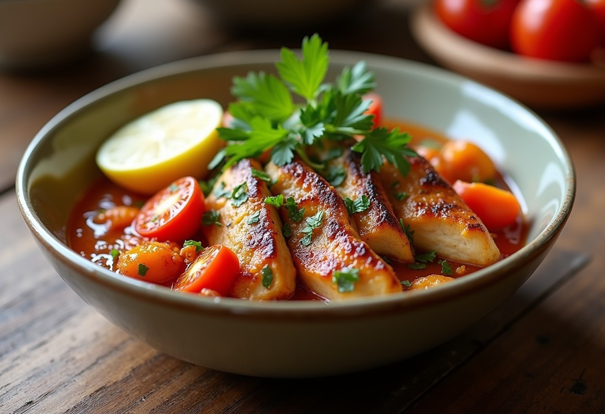 Finished Greek Chicken Bowl with fresh herbs and lemon, ready to serve.