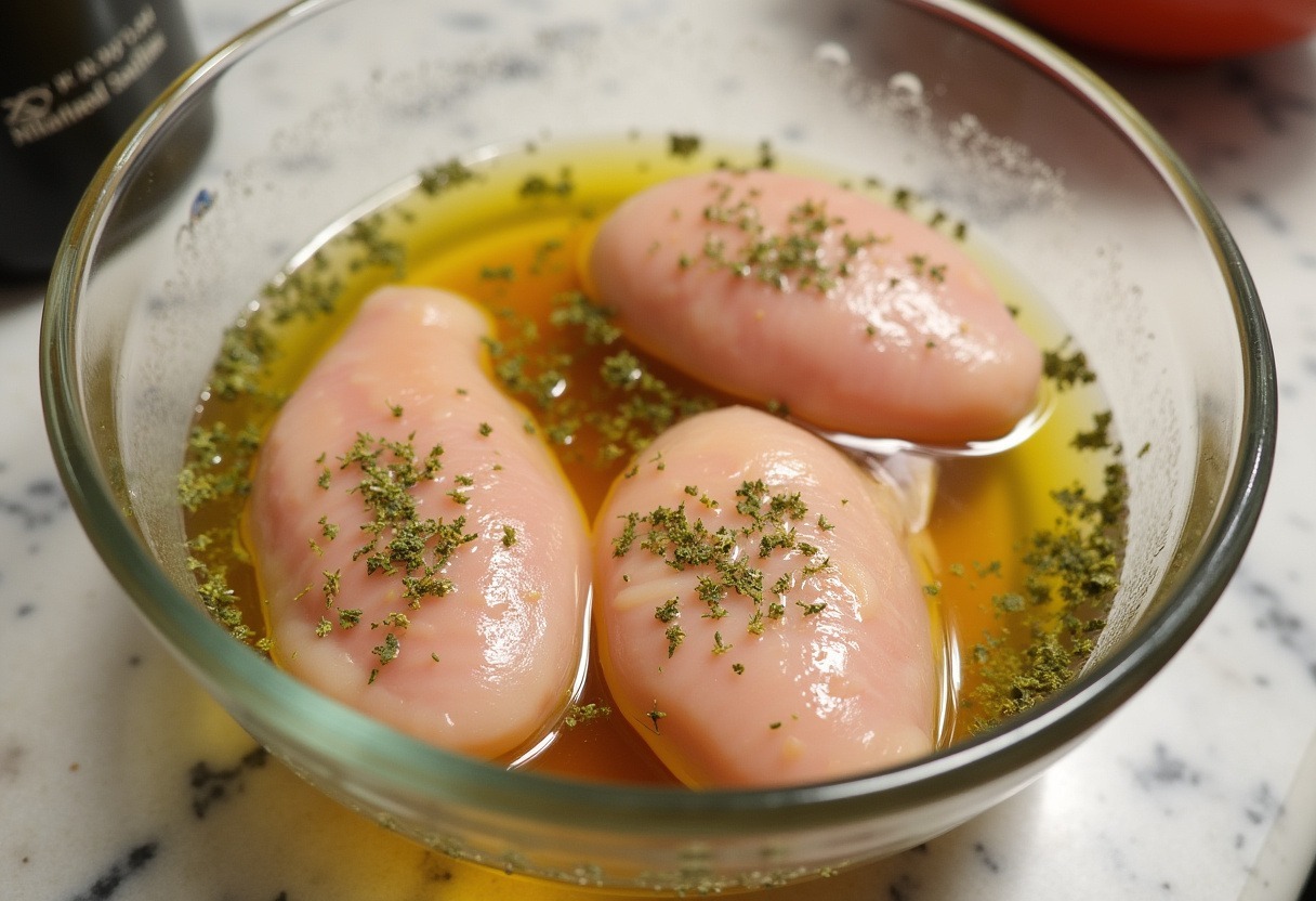 Chicken breasts marinating in olive oil, lemon juice, garlic, and oregano for Greek Chicken Bowls.