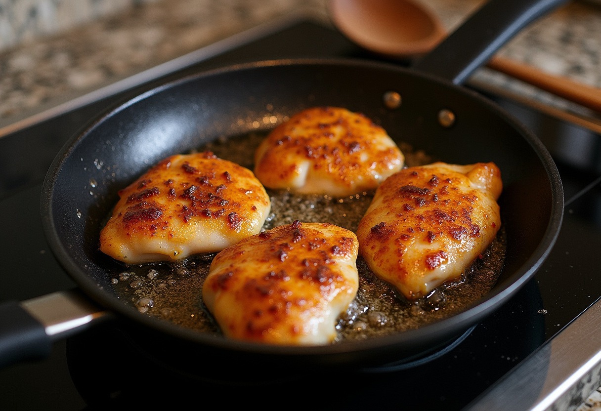 Marinated chicken breasts cooking in a skillet for Greek Chicken Bowls.