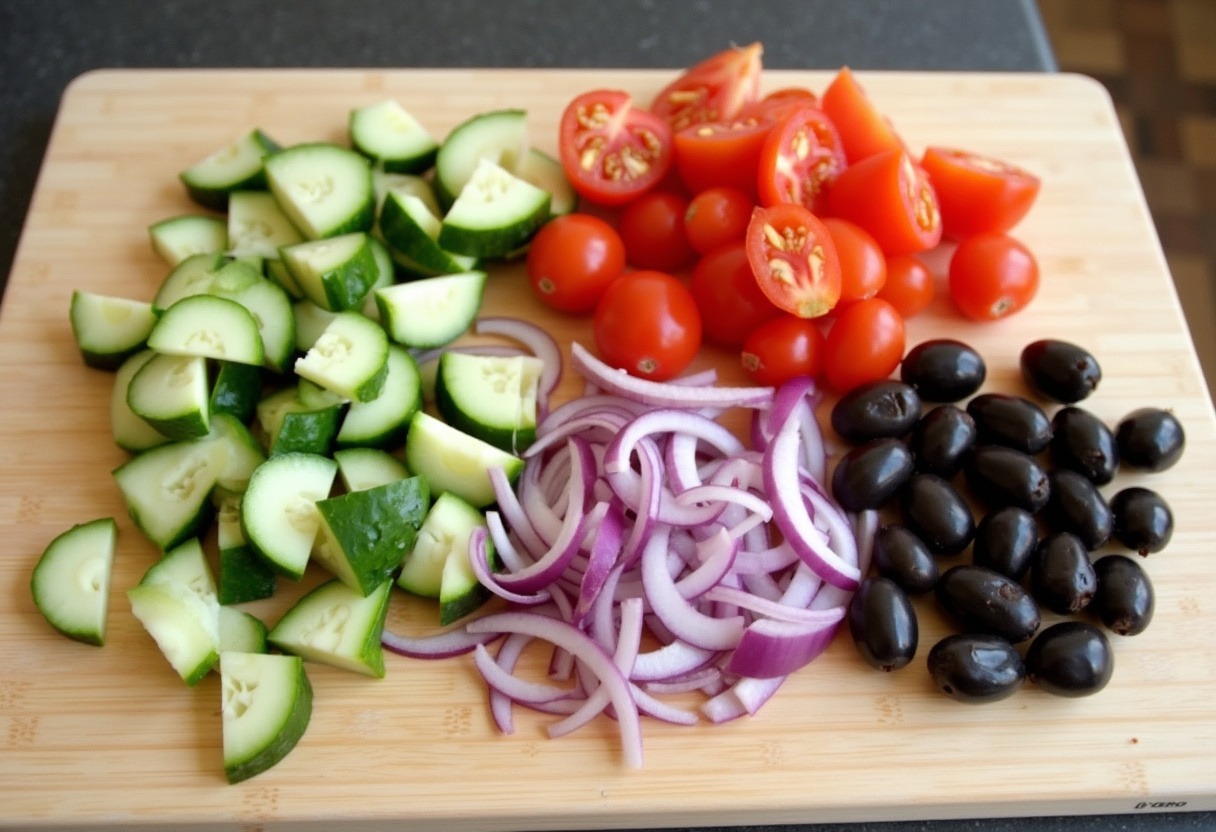 Freshly chopped vegetables for Greek Chicken Bowls, including cucumbers, tomatoes, and olives.