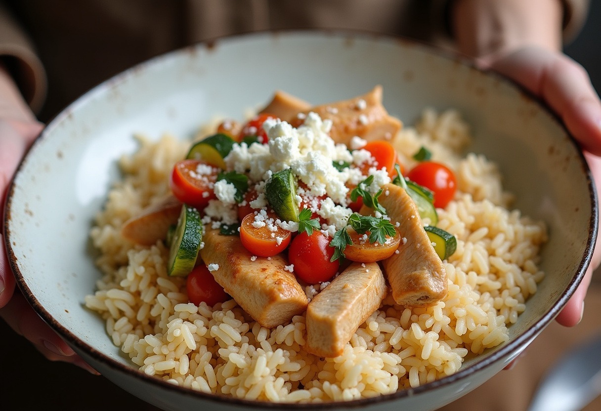 Greek Chicken Bowl assembled with rice, chicken, vegetables, and feta cheese.